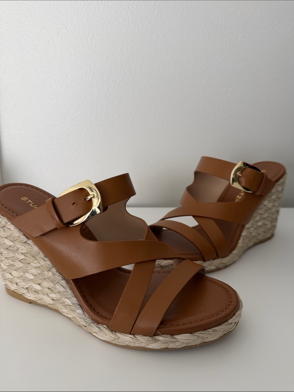 Stuart Weitzman Tan Espadrille Wedge Sandals with Gold Buckle - Picture 4 of 7